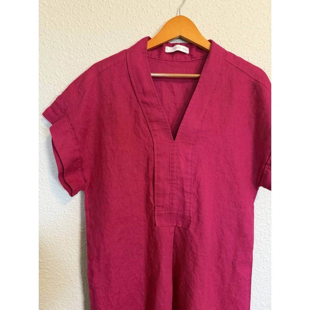 Mango MNG 100% Linen Dress MIDI Fuchsia Pink Sz Small Coastal Shift Casual